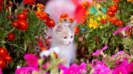 عکس بچه گربه دوست داشتنی درمیان گل ها