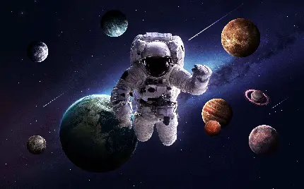 عکس فضانورد در کنار سیارات منظومه شمسی با کیفیت hd