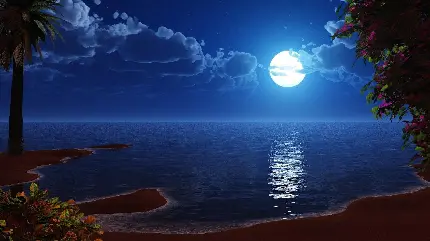 عکس زمینه از ماه بسیار درخشان و انعکاسش در دریا