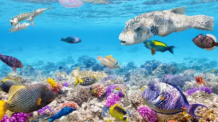 تصویر دسکتاپ صخره مرجانی انواع ماهی رنگی