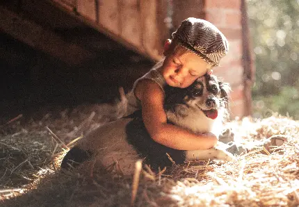 بک گراند بسیار زیبا از پسر بچه شیرین به همراه سگی در آغوش