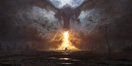 عکس نقاشی دیجیتال نبرد اژدها با مرد اسب سوار در میان شعله های آتش