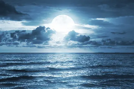 والپیپر لپتاپ و کامیپوتر خیلی زیبا از امواج آبی رنگ اقیانوس در شب زیر نور ماه با کیفیت HD