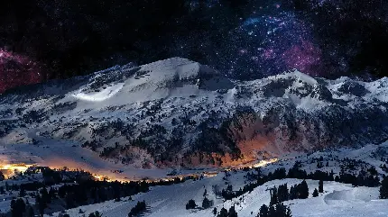 عکس بسیار زیبا از کوه و کوهستان بهاری و برفی با آسمان پر ستاره در شب
