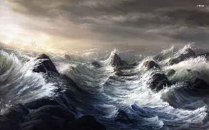 والپیپر ویندوز بسیار زیبا از امواج خروشان و درهم اقیانوس زیر آسمان ابری با کیفیت عالی