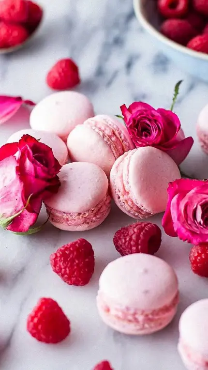 والپیپر زیبا شیرینی های ماکارون صورتی با گل های رز
