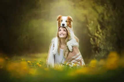 عکس پروفایل دختر خوشگل همراه با سگ خانگی در جنگل سر سبز