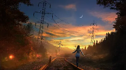 عکس دختر زیبا در کنار ریل قطار و غروب آفتاب برای پروفایل و زمینه گوشی