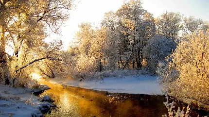 تصویر رود جاری با درختهای پوشیده از برف و غروب دل انگیز زمستان برای پس زمینه کامپیوتر
