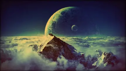عکس فانتزی ماه در کنار کوهستان با ابرها و کره های منظومه شمسی برای پروفایل