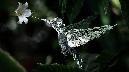 عکس full HD از پرنده ای فلزی در حال بو کردن یک گل