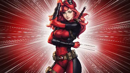 عکس ددپول Deadpool دختر زیبا و جذاب با پس زمینه قرمز