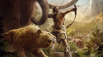 عکس ماموت، شکارچی در حال تیراندازی با کمان و شیر جنگلی