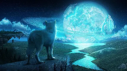 تصویر زمینه گرگ سفید رنگ خیره شده به ماه در آسمان