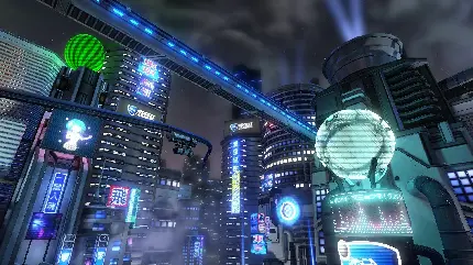 بک گراند شهر هوشمند و فانتزی با برج های نورانی در آینده توکیو
