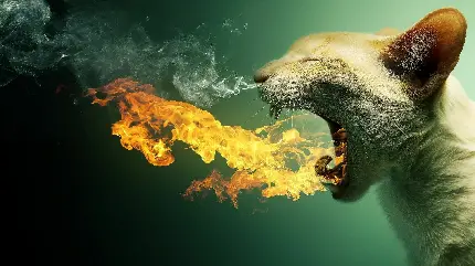 عکس جالب و بامزه خارج شدن آتش از دهان گربه