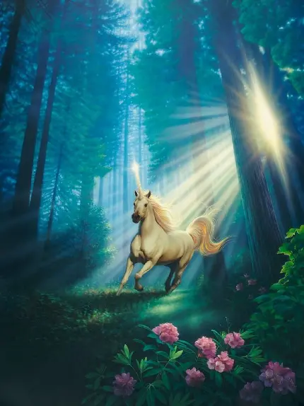 تصویر پروفایل اسب تک شاخ زیبا و نورانی در جنگل سبز و فانتزی