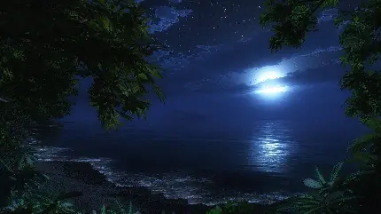 دانلود تصویر زمینه ویندوز زیبا از امواج دریا در شب زیر نور دیدنی ماه در آسمان ابری با کیفیت Full HD