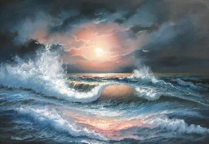 عکس دیدنی از نقاشی امواج خروشان دریا در زیر آسمان ابری و رازآلود با کیفیت بسیار عالی