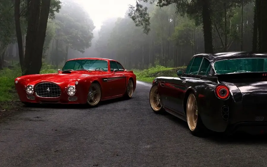 دانلود تصویر چشمگیر از 2 خودروی فراری قرمز و مشکی رنگ قدیمی و کلاسیک در جنگل مە گرفتە