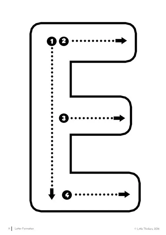 الگوی نوشتن حرف E بزرگ انگلیسی برای بچه ها 
