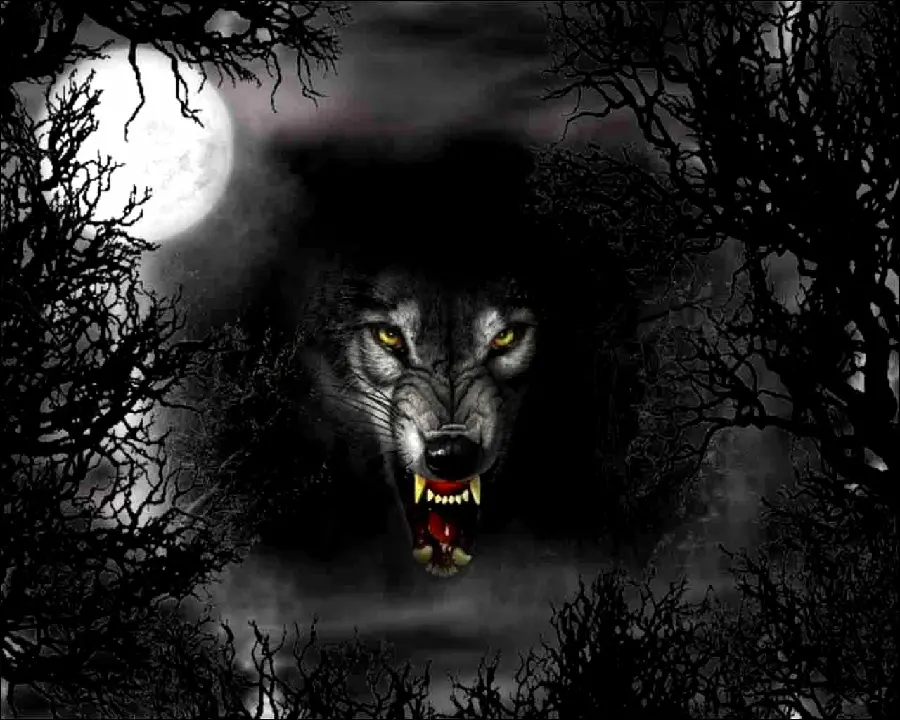 تصویر فانتزی شگفت انگیز از گرگ بتا با چشمان و دندان زرد رنگ و زبان سرخ