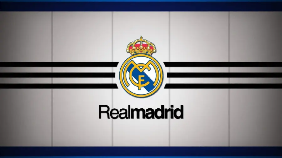 دانلود والپیپر باکیفیت hd از لوگوی رئال مادرید در زمینە سفید و سە خط مشکی در دو سمتش