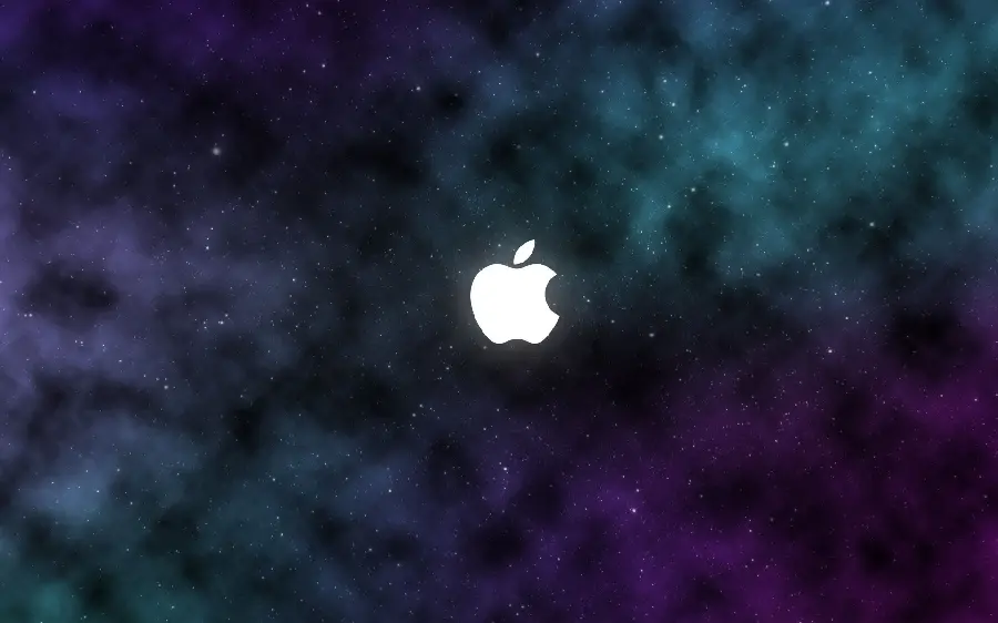 تصویر استوک فانتزی زمینە ابری چند رنگ از سیب گاز گرفتە شدە اپل سفید رنگ در آسمان ستارە‌دار