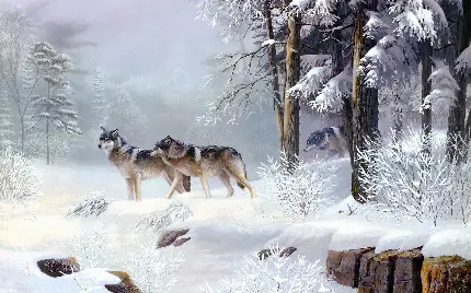 نقاشی جالب از دو گرگ در طبیعت برفی اسرار آمیز 