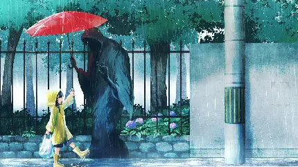 عکس انیمەای دختر شیطون بارانی سبز پوش رنگ و اهریمن مشکی رنگ با چتر قرمز رنگ در باران انیمەای