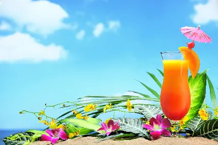 دانلود عکس گرافیکی جدید و خوش منظر از نوشیدنی خنک تابستانی بگدر کنار گل های چند رنگ و دلپذیر با زمینه دریا مناسب پروفایل