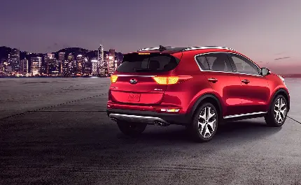 تصویر جذاب خودرو Kia Sportage قرمز رنگ از زاویه پشت