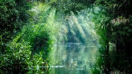 دانلود عکس استوک سایەای از پرتوی نور تابیدە بر روی گیاهانی در جنگل‌های رودخانه آمازون