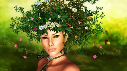 دانلود عکس استوک فانتزی برای والپیپر 4K از دختری خوشگل با موهایی از جنس گل‌های رنگارنگ و پروانە