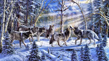 والپیپر درخشان لپتاپ از گله گرگ های وحشی در برف زمستان