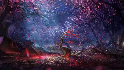 رویایی ترین منظره بازی های کامپیوتری با شکوفه های دلنشین صورتی برای والپیپر ویندوز 10و11
