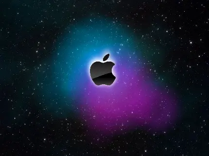 دانلود تصویر زمینه لوگوی شرکت اپل با هالە‌ای از رنگ‌های سبز آبی صورتی اطراف سیب گاز گرفتە