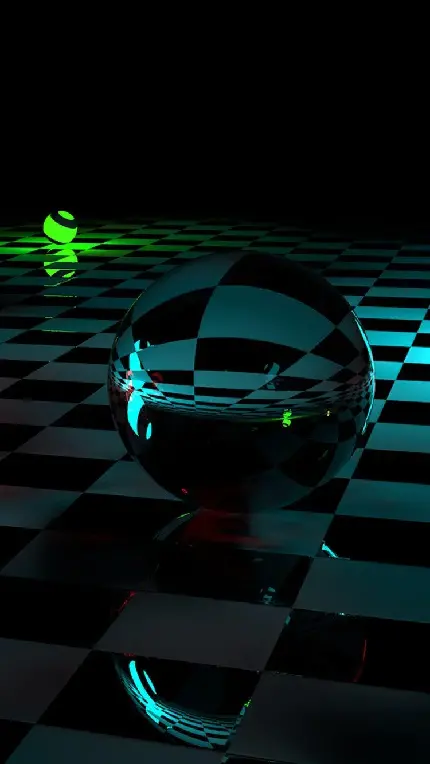 عکس زمینه سه بعدی گوی های شیشه ای در زمین شطرنجی تاریک