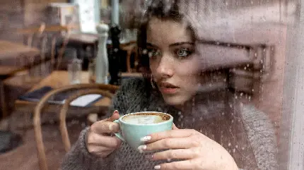 پردانلود ترین عکس پروفایل دختر در حال نوشیدن قهوه در روز سرد بارانی 