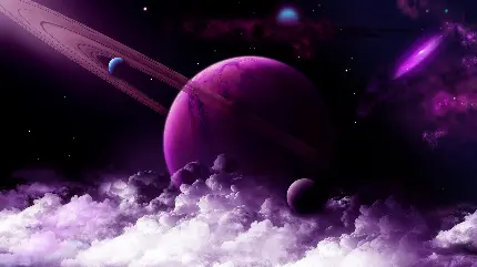 والپیپر بنفش سیاره زحل در میان ابر ها برای لپ تاپ