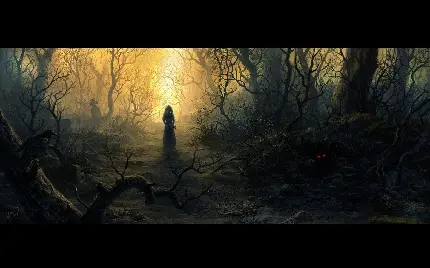 دانلود عکس مخوف و تاریک دختری در حال حرکت در جنگل بە تنهایی خاص موبایل