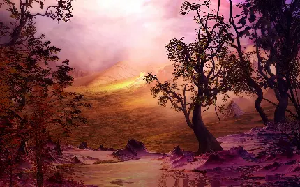 صحنه تماشایی درون بازی با طبیعت خوشگل با تم صورتی و نارنجی با کیفیت 4k