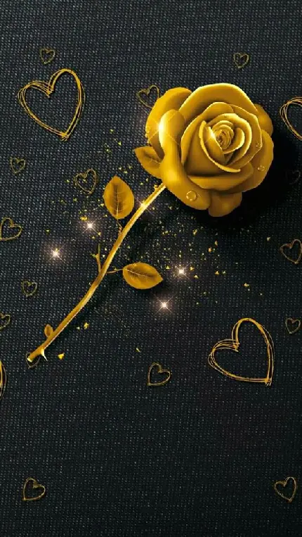 دانلود پوستر گرافیکی سیاە با قلب‌هایی در زمینە‌اش و گل رز طلایی با قطرات شبنم