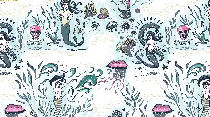 والپیپر گرافیکی جالب از پری دریایی زیر دریا با زمینه سفید 