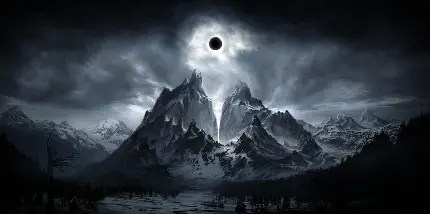نمای ویژه از منظره ماه گرفتگی بالای کوه با تم تاریک و خفن
