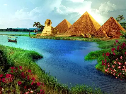 تصویر گرافیکی رویایی رود نیل و اهرام مصر در یک قاب 2022