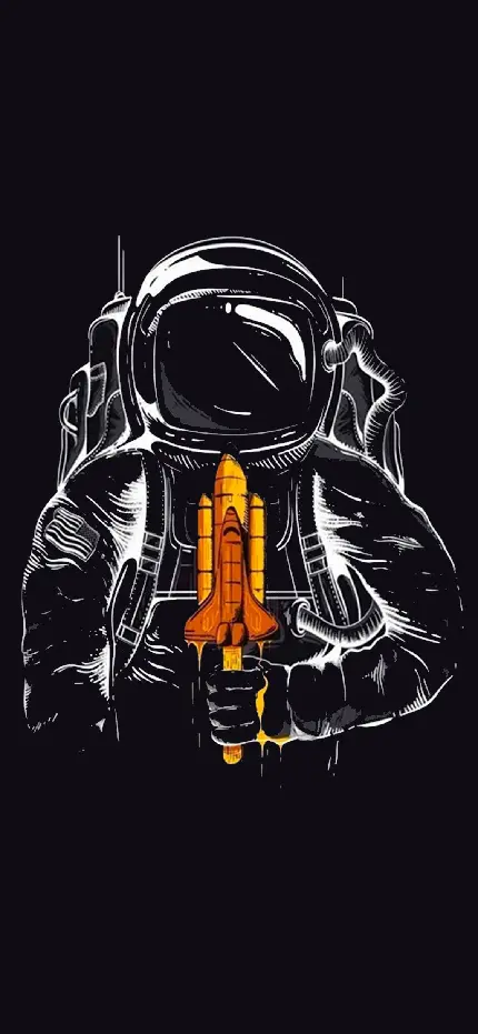 تصویر وکتور خفن فضانورد با موشک نارنجی رنگ در دست برای زمینه گوشی سامسونگ و شیائومی