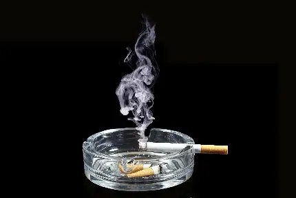 عکس زمینە جذاب از زیر سیگاری شیشەای دایرەای با 2 سیگار خاموش و دود سیگاری روشن کنارش