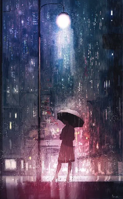 دانلود تصویر زمینە انیمە دختری با کفش پاشنە بلند و چتری در باران انیمەای زیر چراغی روشن