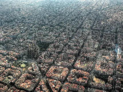 دانلود وکتور سایە‌دار نمای مربعی دور و یکدست شهر بارسلونا